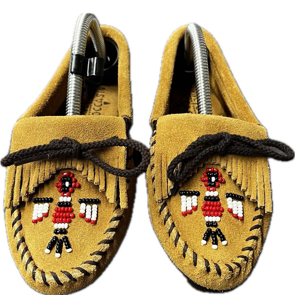 Minnetonka Thunderbird Suade Kids Moccasins Beaded Brown NWOT Leather 4